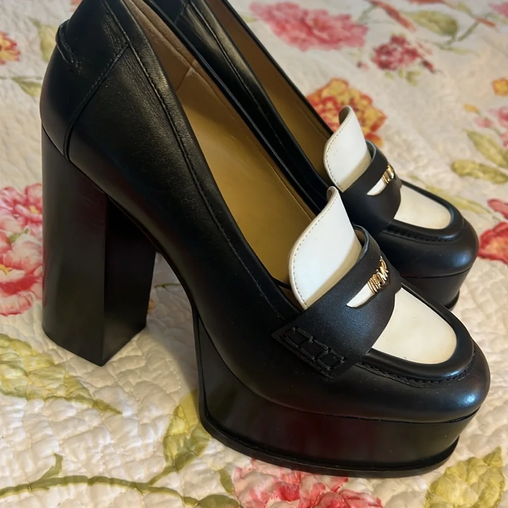 Michael Kors Black and White Platform Loafer Heels Shoes